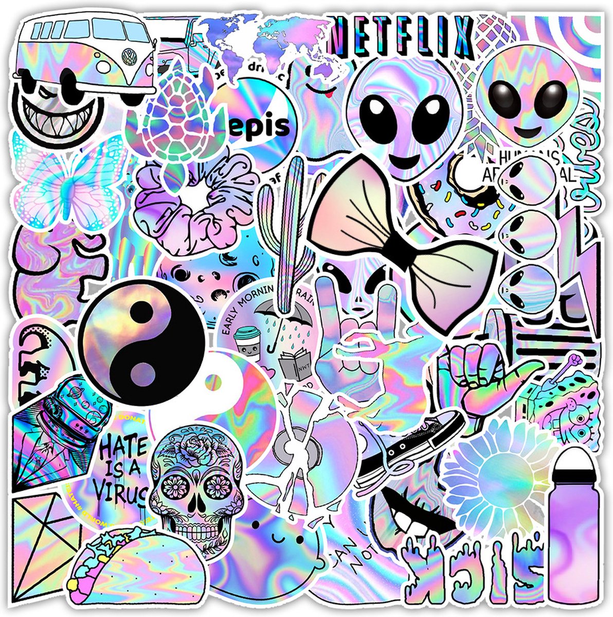 Holografische Stickers | Paars, vsco, alien, smiley | 50 stickers | Voor laptop, agenda, koffer, etc.